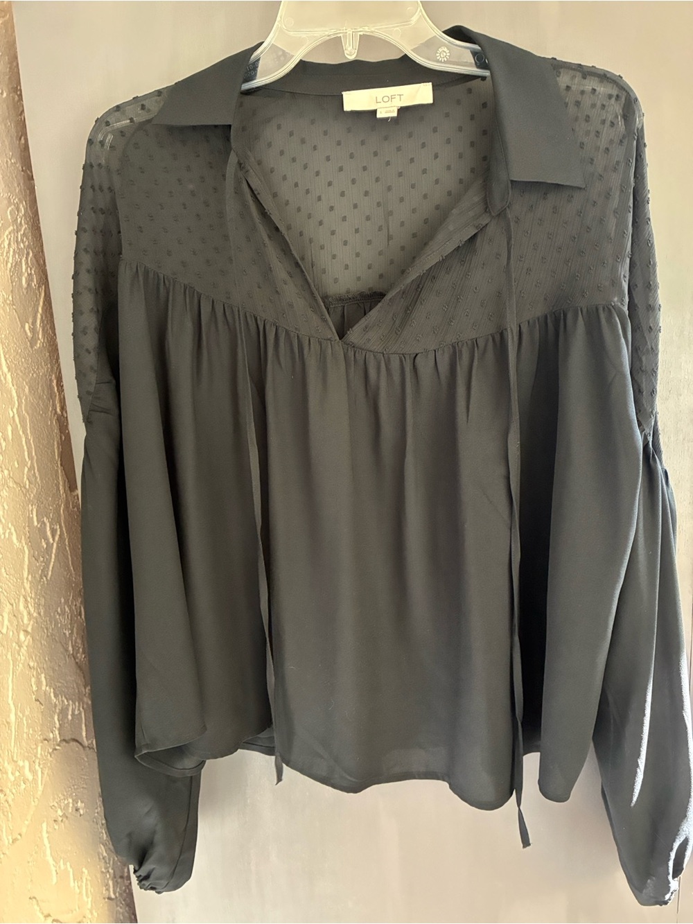 LOFT Black Swiss-Dot Peasant Top with Tie Neck